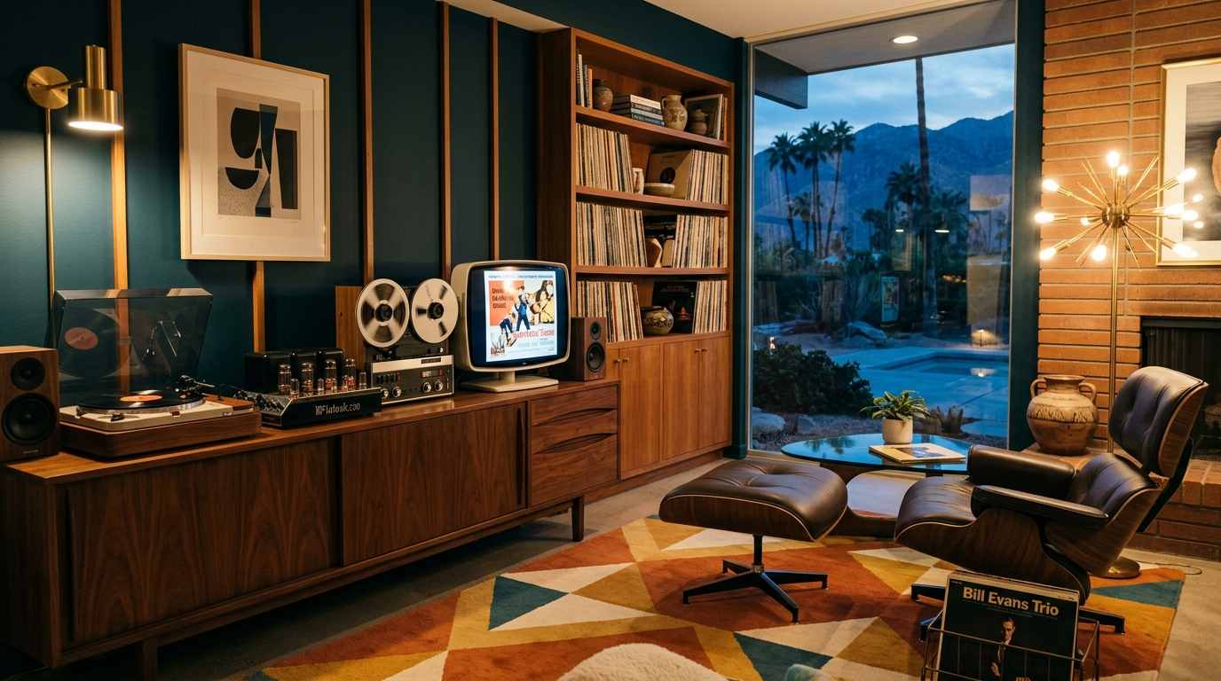 Mid-Century Modern Palm Springs media lounge with vintage turntable, reel-to-reel deck, retro TV, Eames chair, and sunset mountain view